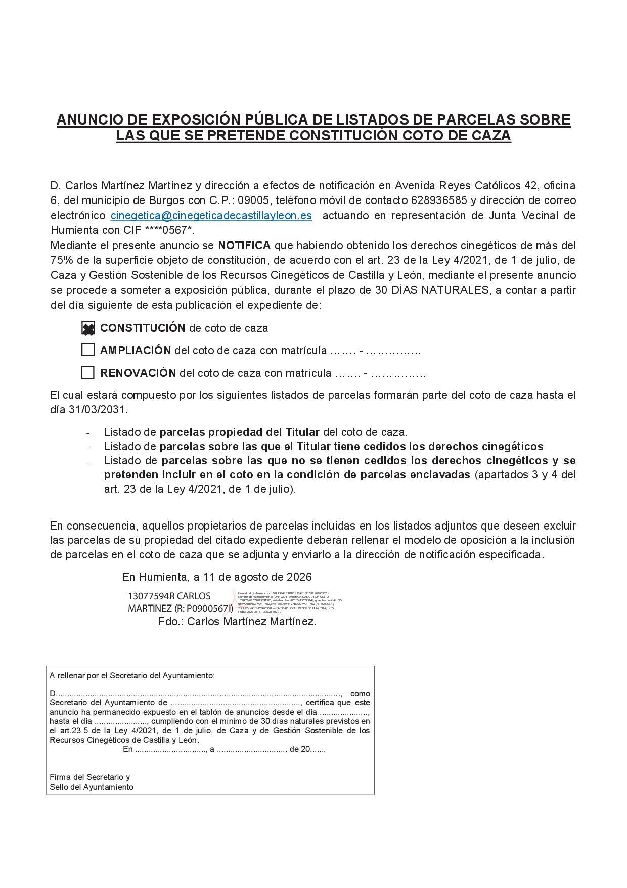 ANUNCIO DE EXPOSICIÓN PÚBLICA DE LISTADOS DE PARCELAS SOBRE LAS QUE SE PRETENDE CONSTITUCIÓN COTO DE CAZA