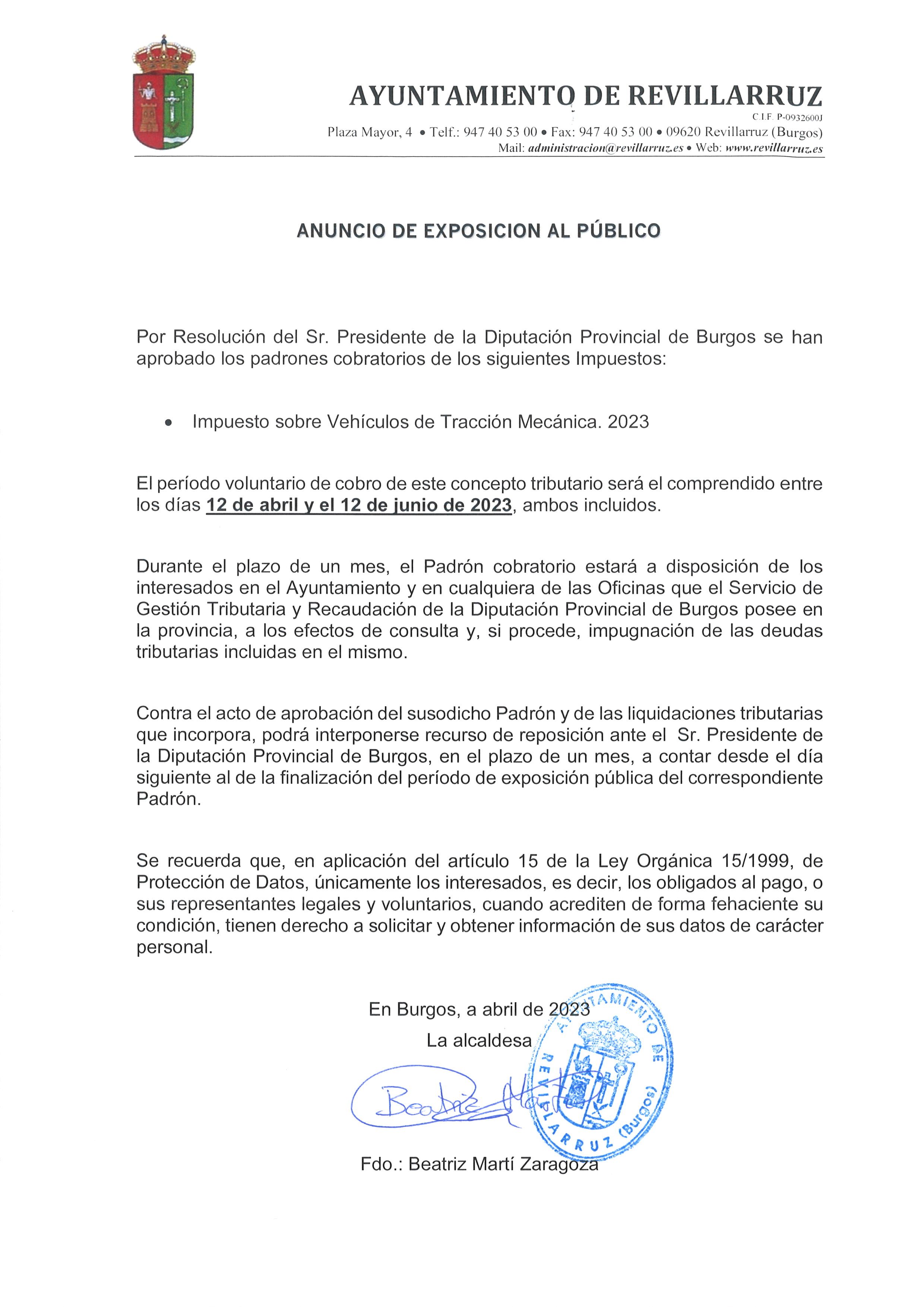ANUNCIO DE EXPOSICIÓN AL PÚBLICO - PADRÓN I.V.T.M. 2023