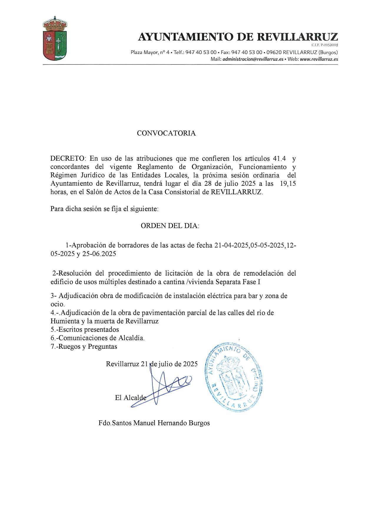 CONVOCATORIA PLENO EN SESIÓN ORDINARIA DE FECHA 28 DE JULIO DE 2025