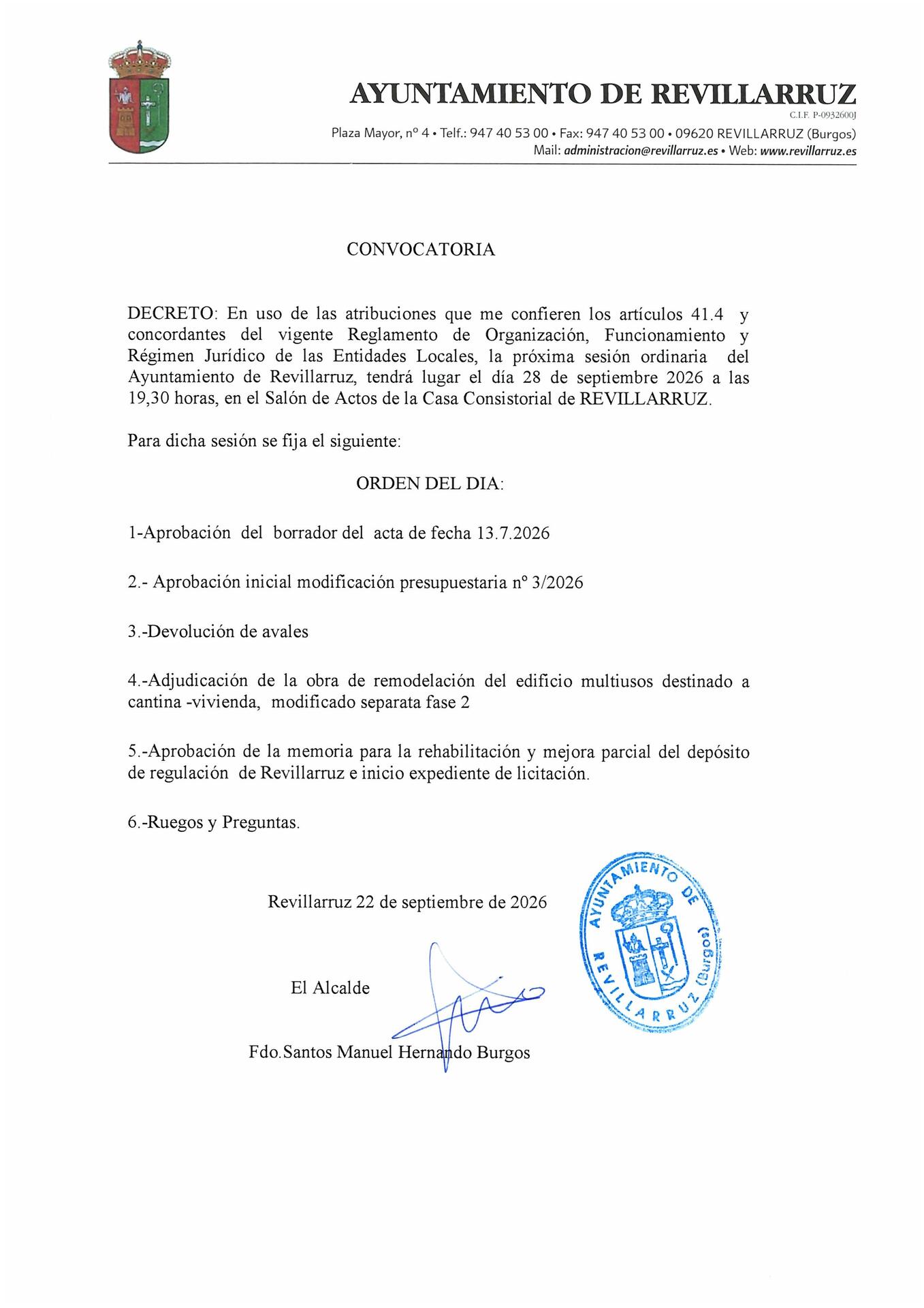 CONVOCATORIA PLENO EN SESIÓN ORDINARIA DE FECHA 28 DE SEPTIEMBRE DE 2026