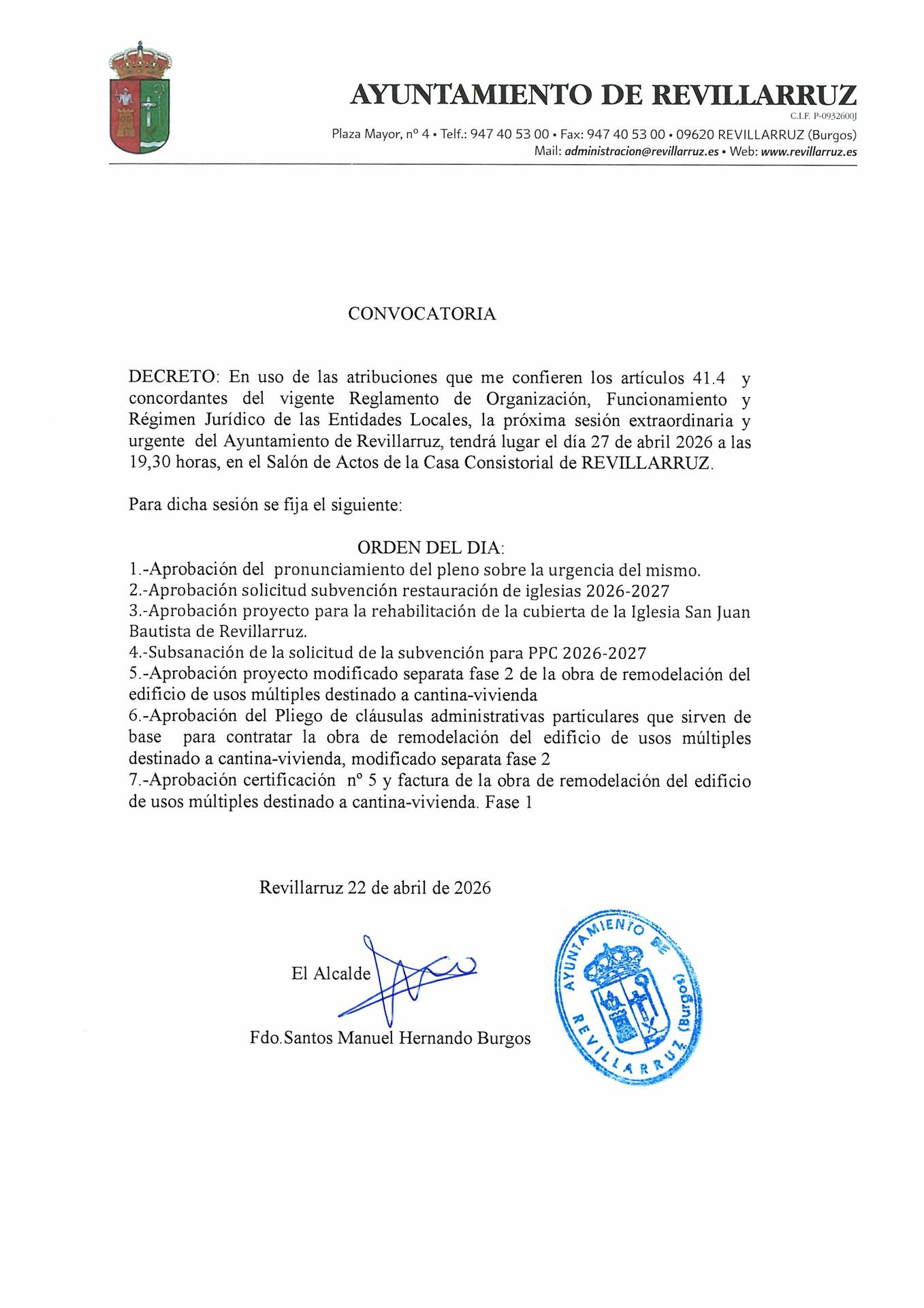 CONVOCATORIA PLENO EN SESIÓN EXTRAORDINARIA Y URGENTE DE FECHA 27 DE ABRIL DE 2026