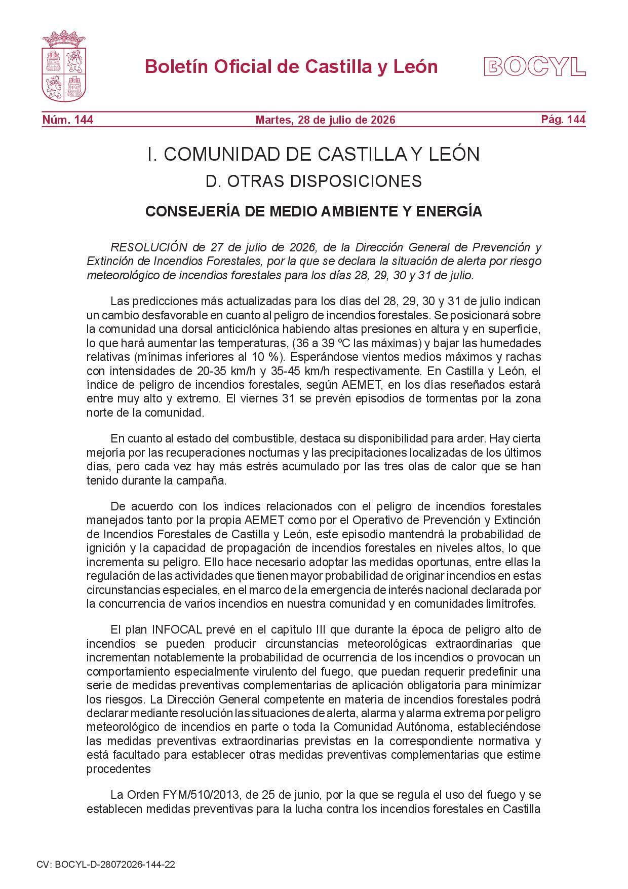 ALERTA POR RIESGO METEOROLÓGICO DE INCENDIOS FORESTALES LOS DÍAS 28 AL 31 DE JULIO Y PROLONGACIÓN AL 2 DE AGOSTO